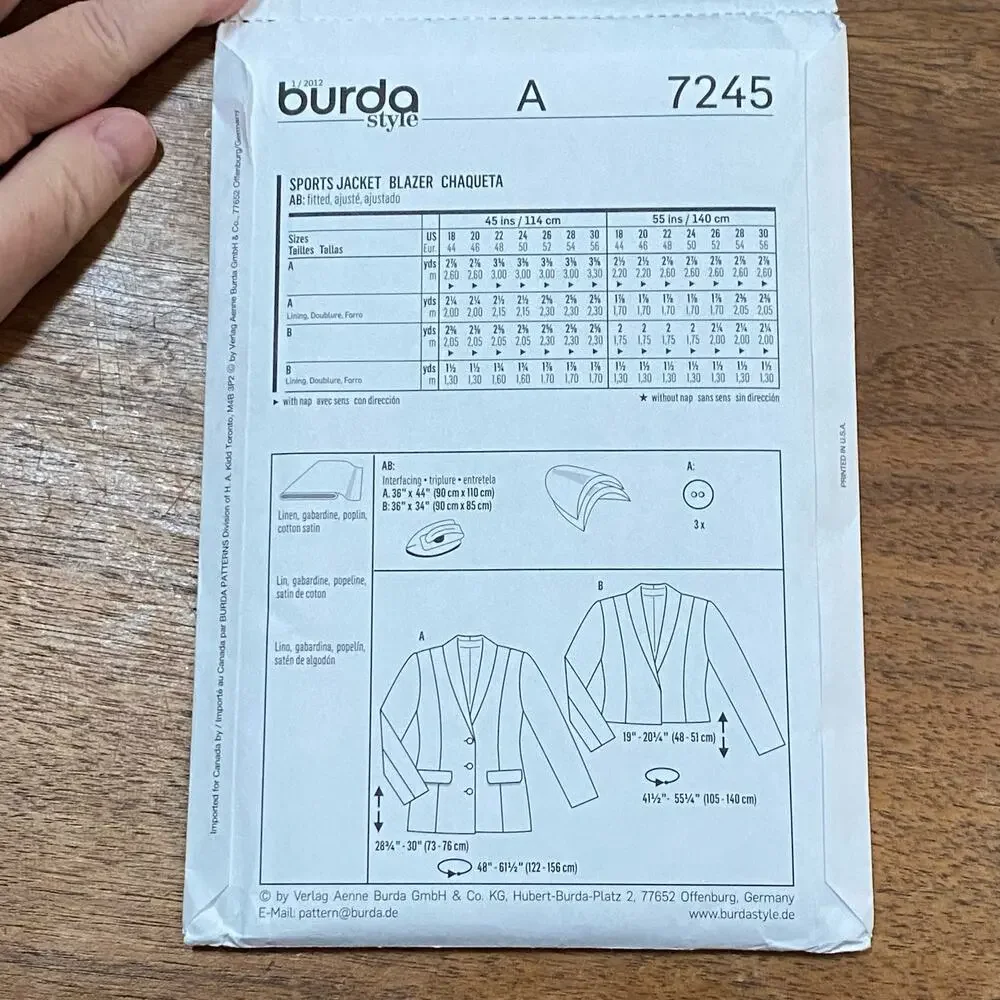 Burda sewing pattern #7245 blazer jacket short or long UNCUT Plus Size US 18-30